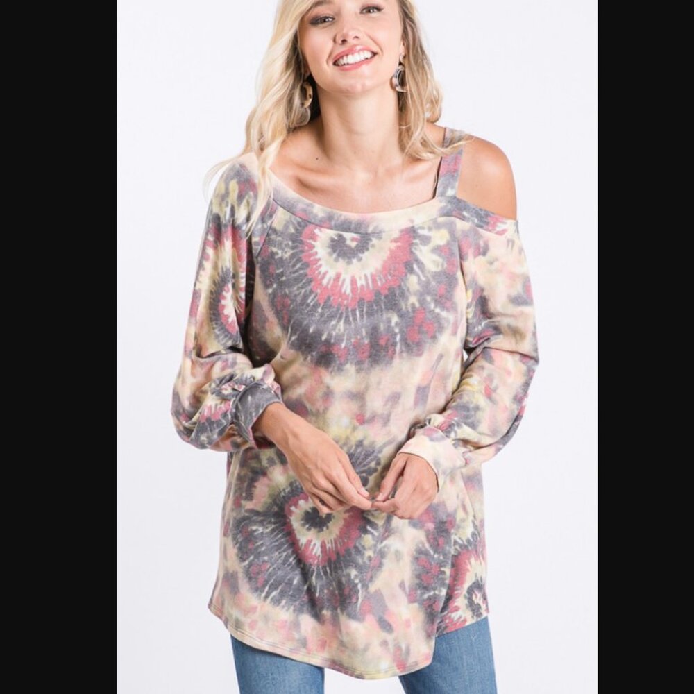 606 HEIMISH Long Balloon Sleeve Single Strap Grey Pink Tie Dye Top